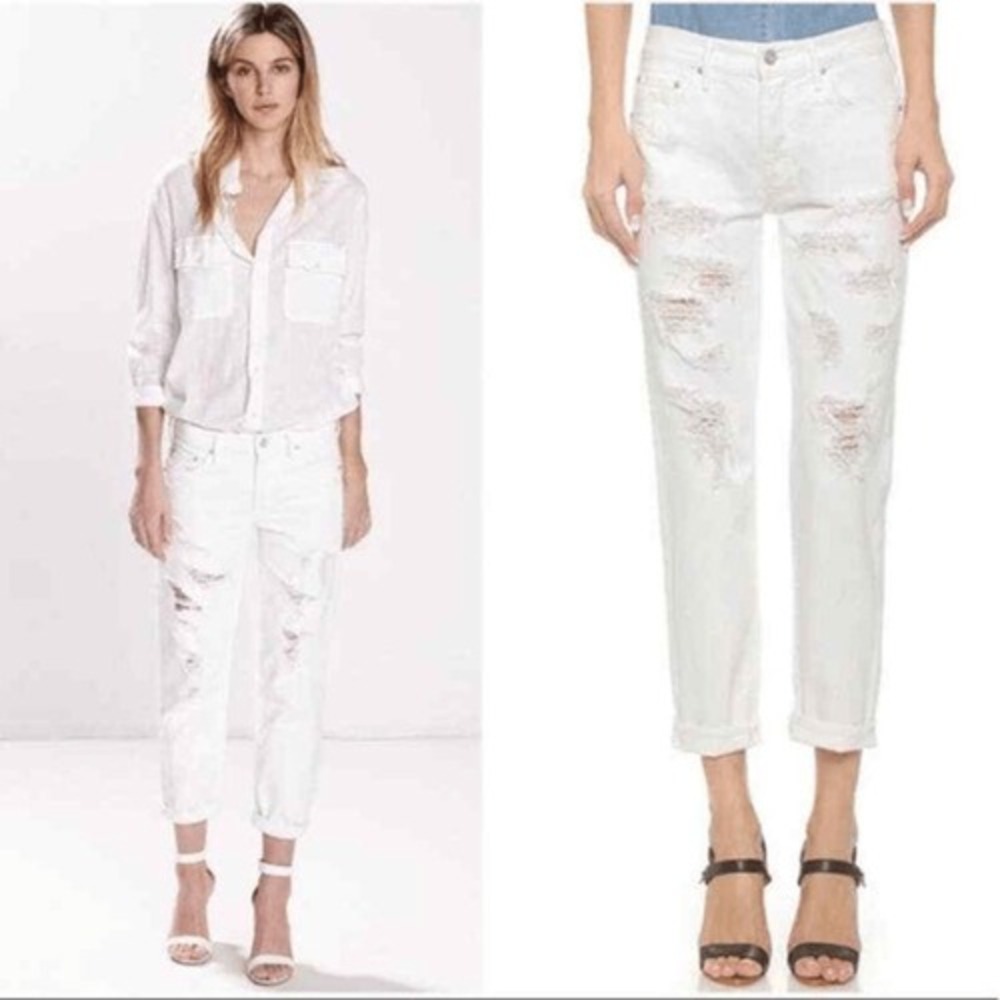 Mother Denim The Dropout Distressed Relaxed Boyfriend Jeans White Size 26 NEW